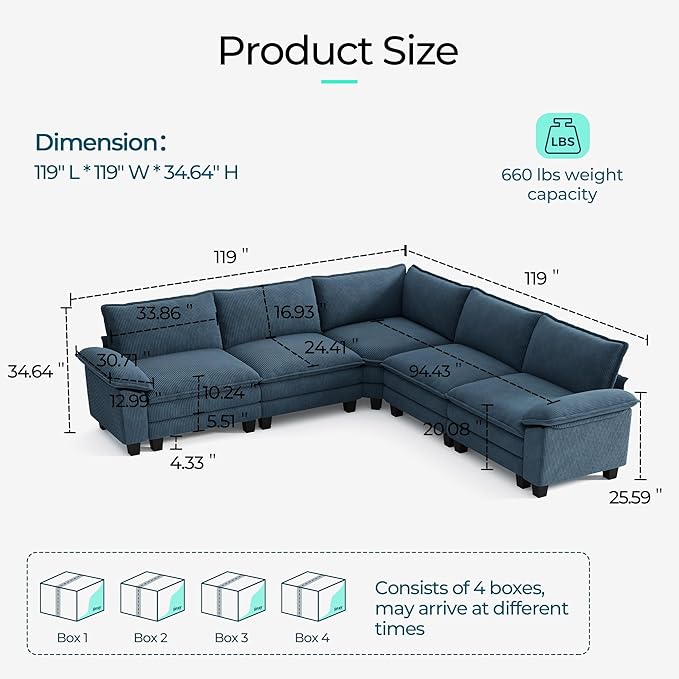 LINSY HOME 119" Modular Sectional Sofa Couch Corduroy Cloud Couches for Living Room, V-Shaped Cloud Couch Sectional Sofas for Bedroom and Apartment, Blue