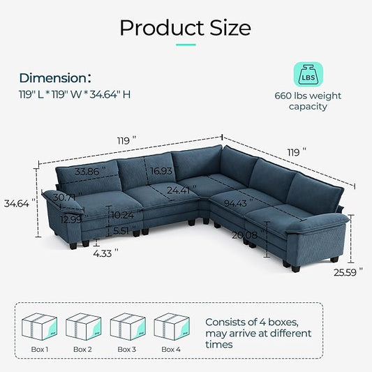 LINSY HOME 119" Modular Sectional Sofa Couch Corduroy Cloud Couches for Living Room, V-Shaped Cloud Couch Sectional Sofas for Bedroom and Apartment, Blue