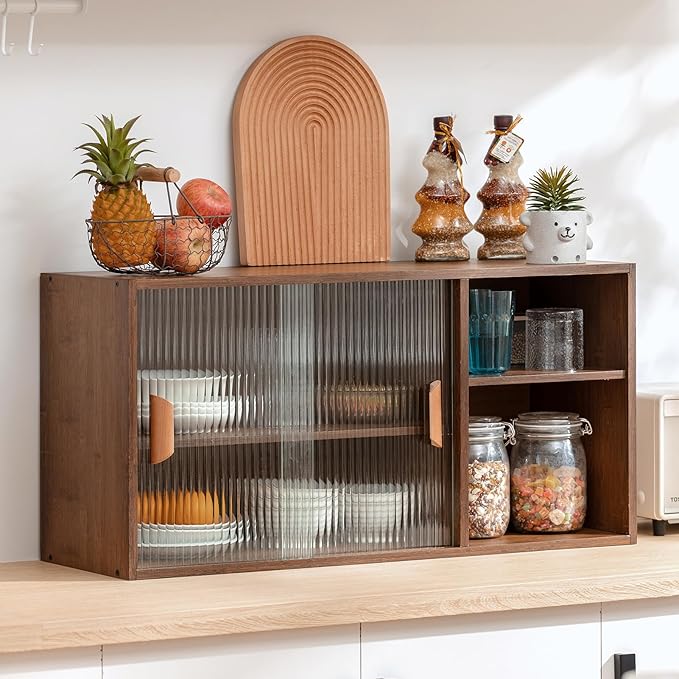 HollyHOME Bamboo Wall Mounted Kitchen Sideboard with 2 Glass Doors and Adjustable Shelves, Freestanding Wall Storage Cabinet with Side Shelf for Bottle, Dish, Bowl, Console Dining Cupboard, Walnut