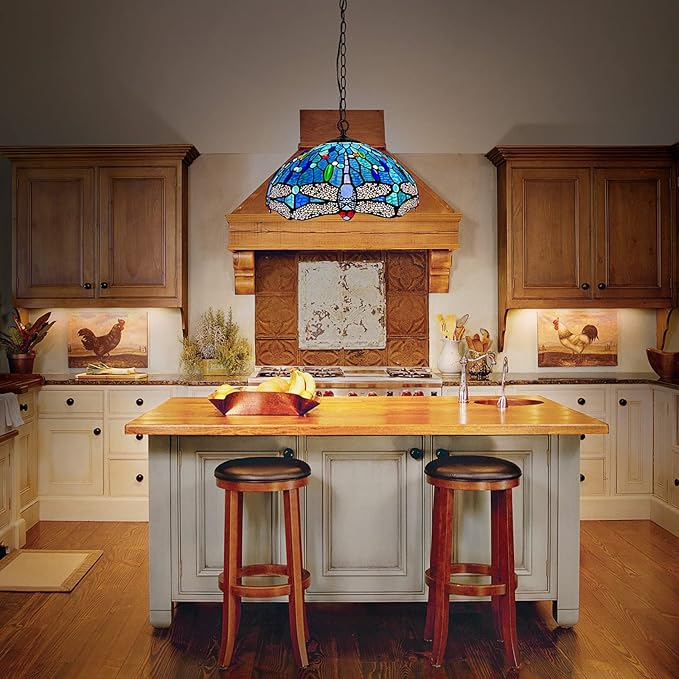 Capulina Tiffany Lamp Stained Glass Pendant Light 2-Light 16 Inches Wide Antique Blue Dragonfly Tiffany Style Hanging Lamp for Dining Room Kitchen Island Home Farmhouse