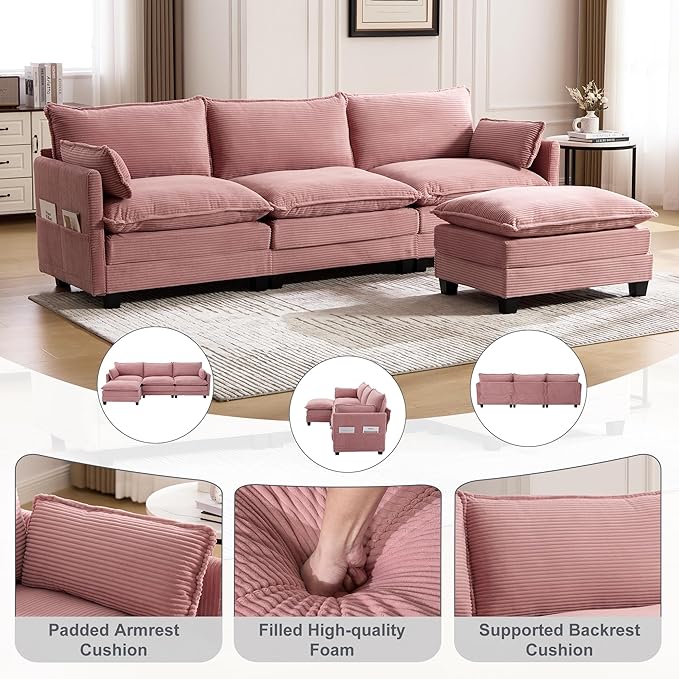 103" Oversized Modular Sectional Sofa Couch with Reversible Ottoman, Free Combination Convertible Corner Couch,Corduroy Upholstered Cloud Sectional Couch with Side Pockets | Multiple Cushions, DIY Combination, Removable Cover