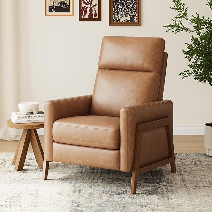 COLAMY Push Back Recliner Chair, Upholstered Leather Recliner with Footrest 118-150 Degree Adjustable, Comfy Modern Wingback Recliner for Living Room, Bedroom,Small Spaces,Cocoa