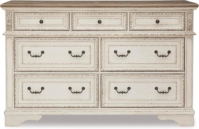 Signature Design by Ashley Realyn Vintage Smooth-Gliding 7-Drawer Dresser and Mirror with Safety Stop, White & Light Brown