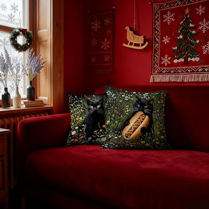 William Morris Inspired Black Cat Floral Pillow Covers 18x18 Set of 2,Cat Lover Gifts and Decor, Cottagecore Floral Black Kitten Kitty Decorative Throw Pillow Covers for Home Bedroom Living Room