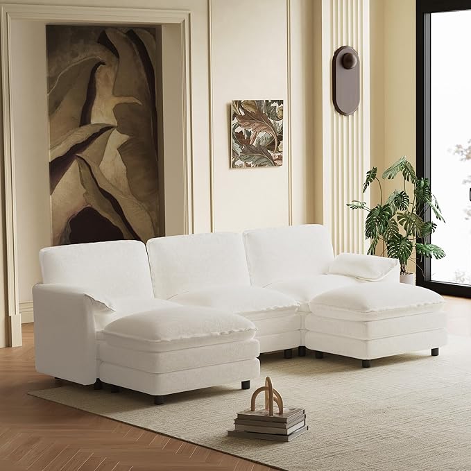 114" U Shaped Cloud Couch Sectionals Comfy Beige White Sectional Couches for Living Room Modern Fluffy Oversized Modular Sofas with Ottoman, Chenille Large Big 5 Seat Sofa Set