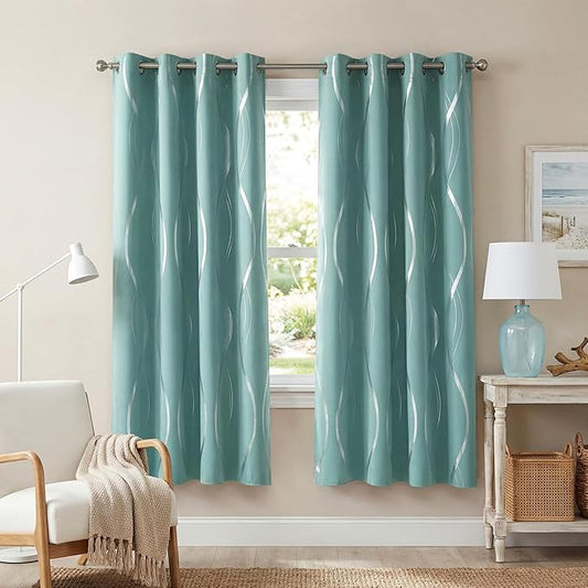 NICETOWN Aqua Blue Curtains 72 inch Long for Nursery and Kids Room, Wave Line Foil Print Design Pattern Drapes for Wall Decor, W52 x L72 inch, 2 Panels