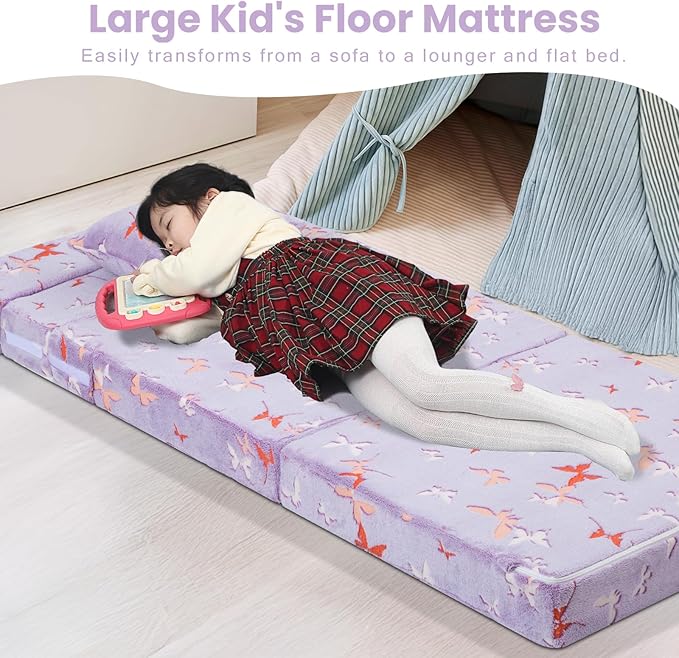 MeMoreCool Foldable Futon Chair Bed for Kids, Glow Tri-fold Sofa Bed Convertible Toddler Sofa Mattress, Foam Floor Couch for Sitting, Purple