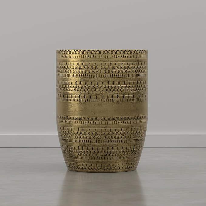 SIMPLIHOME Johnsen Tribal Accent Table – 15 inch Wide Round Metal Drum Table in Burnished Gold, Boho Modern Side Table for Living Room with Embossed Tribal Pattern, Assembled