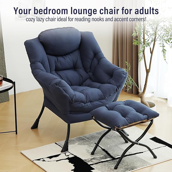 Lazy Chair with Ottoman, Modern Accent Chair with Folding Footrest, Navy Blue Sofa Chair Set, Comfortable Reading Chairs, Oversized Armchairs for Bedroom, Study, Living Room, Courtyard