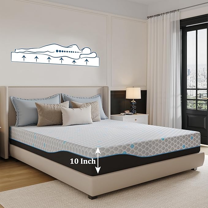 EGOHOME 10 Inch Full Mattress, Charcoal Gel Cooling Memory Foam Mattress in a Box, Medium Fiberglass Free Mattresses, CertiPUR-US Certified, Hexagonal Pattern