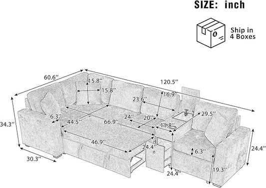 ERYE 120.5-Inch Oversized Sleeper Sectional Sofa W/Pull Out Sleeper Couch Bed, Modern Chenille Upholstered Reversible Modular Sectional Sleeper Sofa with Console & Cupholders | Storage