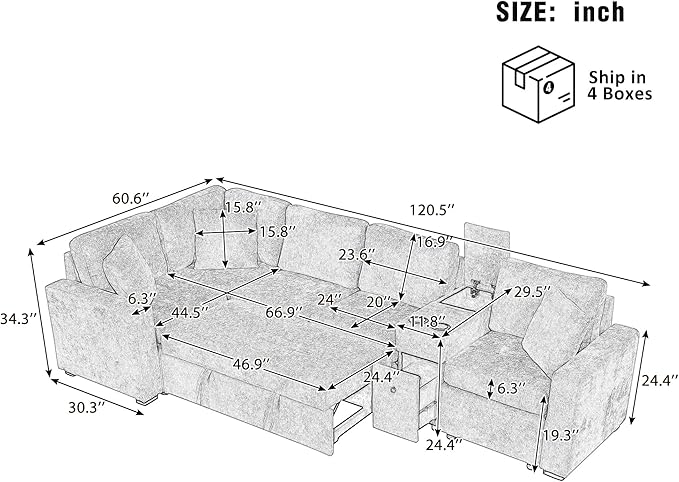 ERYE 120.5-Inch Oversized Sleeper Sectional Sofa W/Pull Out Sleeper Couch Bed, Modern Chenille Upholstered Reversible Modular Sectional Sleeper Sofa with Console & Cupholders | Storage