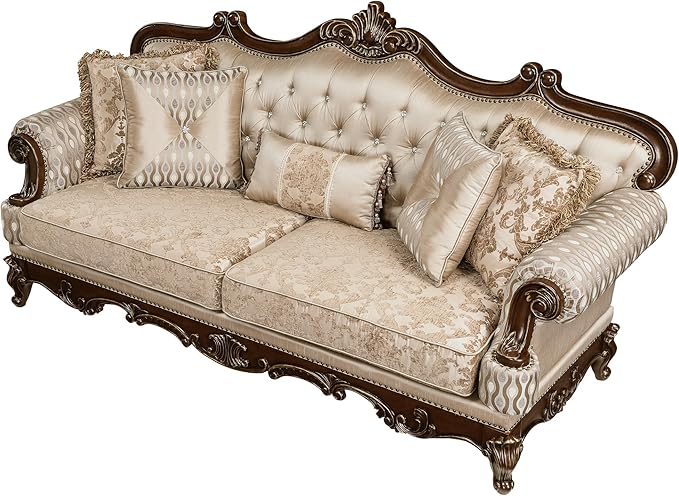 Lexicon Traditional Sofa Couch for Living Room, Rolled Arm Sofa with 5 Accent Pillows, Tufting, Queen Legs in Cherry Finish with Gold Tipping, Upholstered Living Room Furniture, 3 Seater Couch, Brown