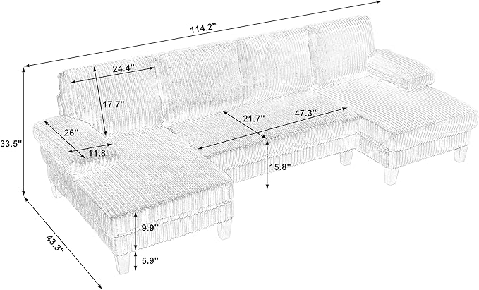 Eafurn Symmetrical U Shaped Sectional Sofa with Double Chaise Lounge,Modern Corduroy Upholstered Oversized Corner Couch, Deep Seat Comfy 4-Seater Sofa w/Pillow-top Armrest for Living Room