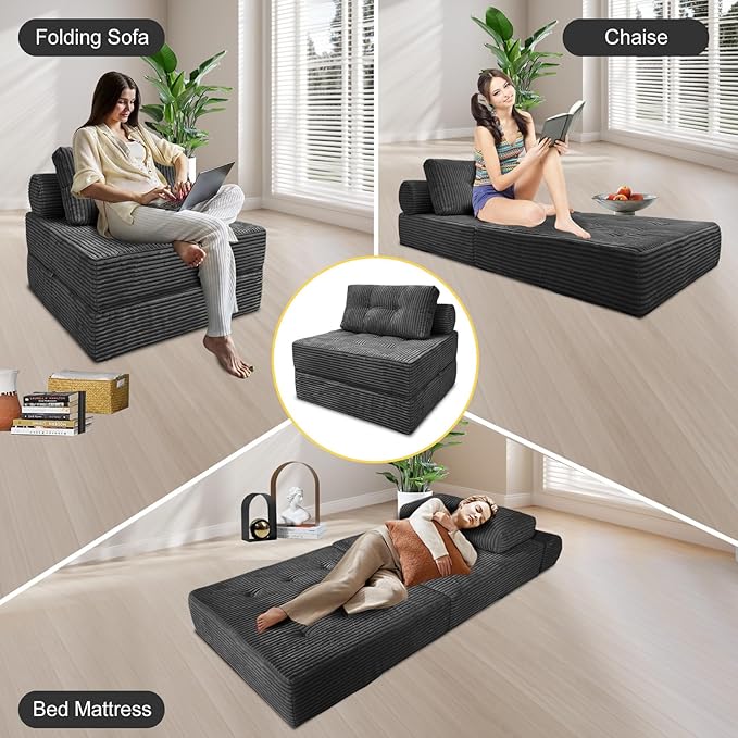 HonTop Folding Sofa Bed, Convertible Couch Chair with Pillow, Boneless Velvet Foldable Sleeper Sofa with Back Support, Portable Fold Out Lounger for Living Room, Apartment & Dorm, Dark Grey Corduroy | Lumbar Pillow