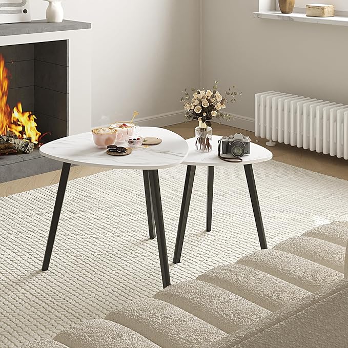 BAMEOS Bamboo Nesting Triangle End Table,Set of 2 Side Table Modern Minimalist Coffee Table for Living Room (Marble White)