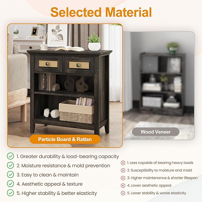 RoyalCraft Rattan Storage Cabinets Set of 2, Accent Boho Nightstand with 2 Drawers and 2 Shelves, Multipurpose Modern Sideboard for Living Room, Entryway, Front Hall, Hallway, Coffee