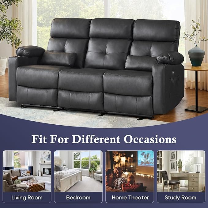 Power Reclining Sofa with Heat and Massage, Electtric Reclining Couch with Extended Footrest, Recliner Sofa 3 Seater with USB Ports, Cup Holders for Living Room, Home Seating