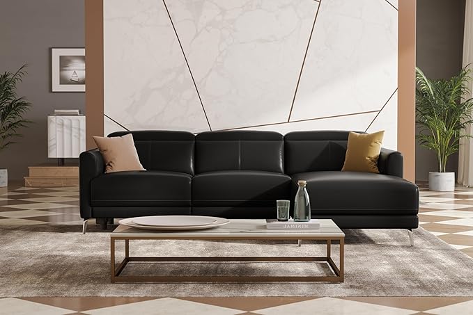 Valencia Andria 99.5" Leather Reclining Sectional Sofa, 3 Seater Reclining Couch with Right Hand Chaise | Italian Nappa 11000 Top Grain Leather | Power Reclining Seat with Adjustable Headrests - Black