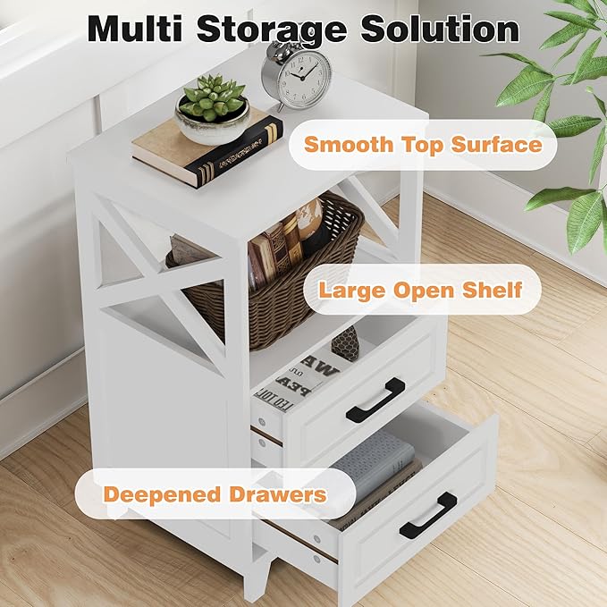 White Nightstand Set of 2, Tall Side Table, Farmhouse End Table with 2 Large Storage Drawers Cabinet, Wooden Rustic Bedside End Table for Bedroom, Home Office, White