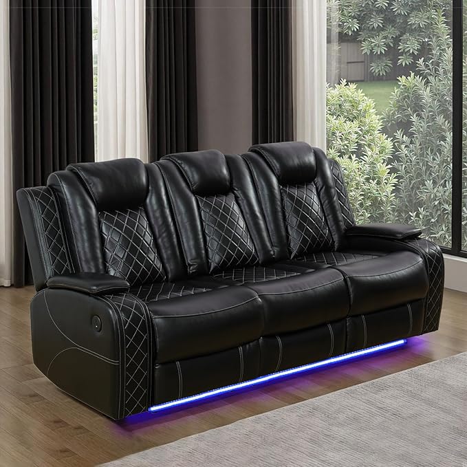 Power Recliner Sofa Set for Living Room, Leather Power Reclining Sofa Sets with LED Lights, Console Storage, Recliner Couch with USB Port(Sofa,Black)