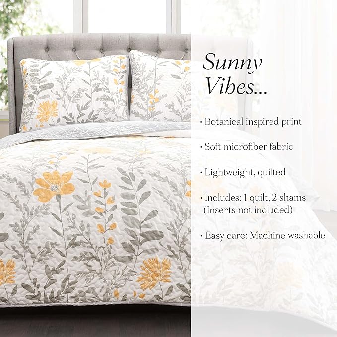 Lush Decor Aprile Reversible Floral Quilt King Size 3 Piece Set King, Yellow & Gray - Bedding Set - Floral Quilt - Cottage Bedroom Décor