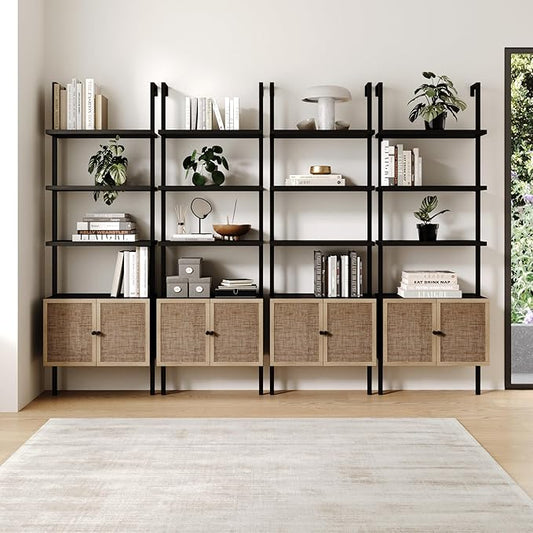 Nathan James Theo Modern Bookcase with Rattan Cabinet in Matte Black and Light Oak Finish with Matte Black Metal Frame for Living Room, Home Office Storage, Set of 4