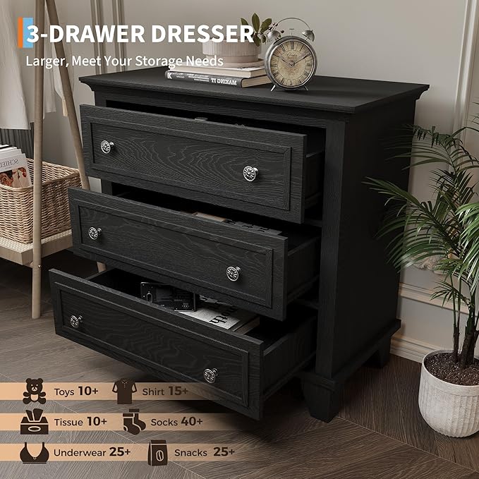 GAOMON 3 Drawer Dresser for Bedroom, Black Wood Chest of Drawers Bedroom Dresser, Rustic Small Drawers Dressers Nightstand Wooden Closet Storage Cabinet for Living Room