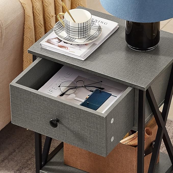 VECELO Nightstand,Modern Bedside End Tables, Night Stand with Drawer and Storage Shelf for Living Room Bedroom, Industrial Metal Frame