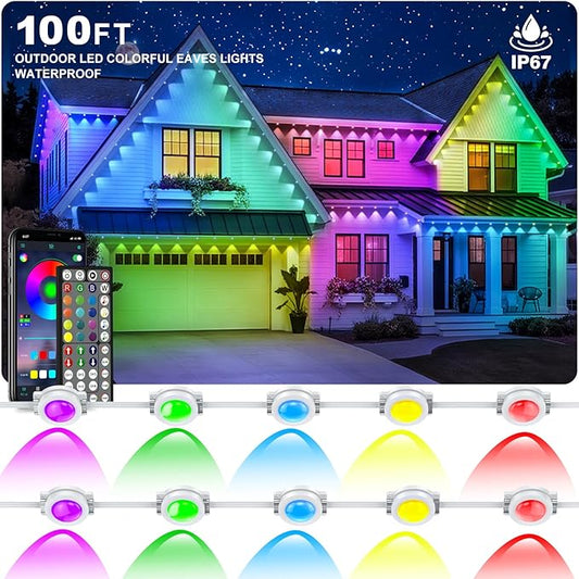Permanent Outdoor Lights,100FT RGB Eave Light,IP67 Waterproof Lighting for House,Smart LED with App/Remote Control for Outdoor Decor,Garden Decor,Party,Holiday