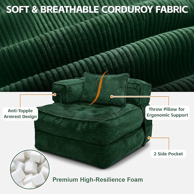Folding Sofa Bed Chair with Armrests, Convertible Futon Couch Sleeper Chair for Adults, Fold Out Boneless Chair Bed, Foldable Sofa Lounge for Small Spaces, with Pillow, Green