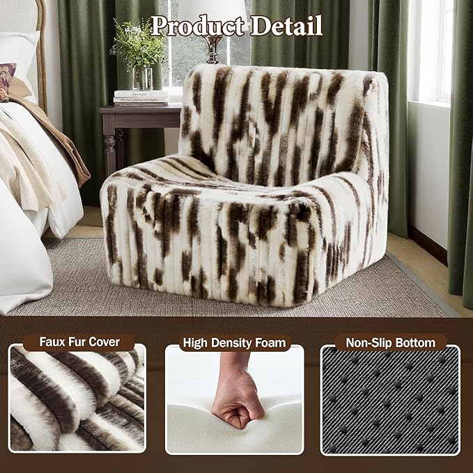Trenda 32'' Comfy Bedroom Chair for Adult, Boneless Space-Saving Accent Chairs with with Spacious Seating, Soft Faux Fur, Ideal Floor Couch for Living Room,College, Dorm to Reading (White& Brown)