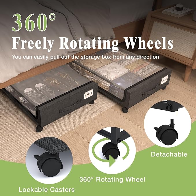 2-Pack Under Bed Storage with Wheels, Durable Metal Frame & 600D Oxford Fabric, Large Capacity for Clothes, Shoes, Toys. Clear Window Design, Home Storage Solution for Bedroom Furniture