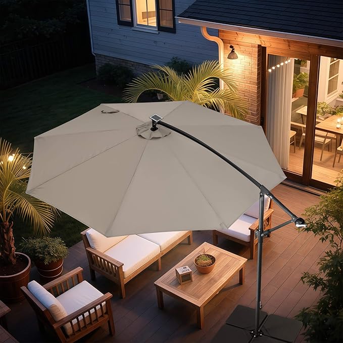 FLAME&SHADE 10ft Solar Cantilever Umbrella with 40 LED Lights, Lighted Large Offset Outdoor Patio Umbrellas, 8 Sturdy Ribs, UPF50+ UV Protection for Pool Deck Garden Yard, Taupe
