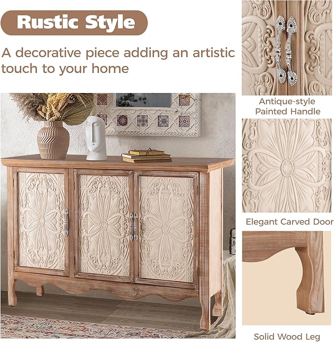 Accent Rustic Storage Cabinet With 3 Carved Doors, Vintage Sideboard Buffet With Shelves, Wood Entryway for Kitchen, Dining Room, Living Room, Bedroom, Natural