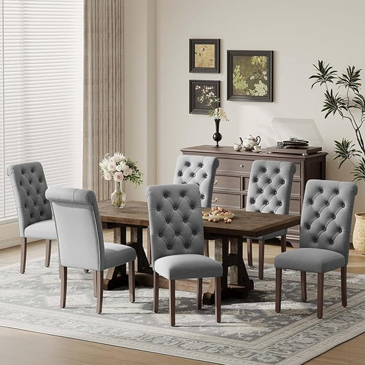 Upholstered Tufted Dining Room Chairs Set of 6, Parsons Kitchen Chairs with Padded Seat and Solid Wood Legs, Fabric Accent Side Diner Chair for Dining Room/Kitchen/Living Room, Grey