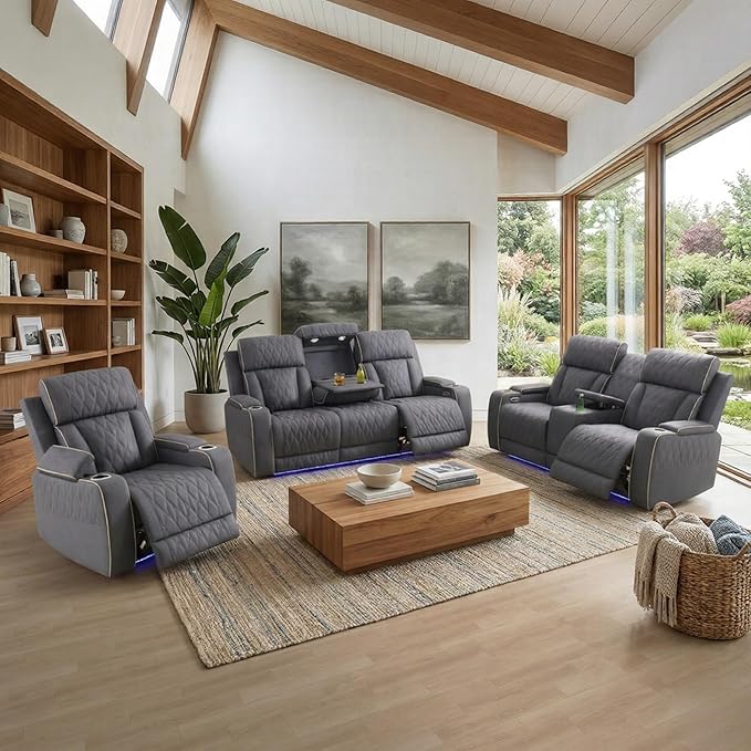 Matte Leather Power Recliner Sofa Set with LED, Living Room Furniture Set,Sanded Leather Sofa Set with USB Port/Storage Console/Cup Holder for Living Room Home Office (Blueish Grey)