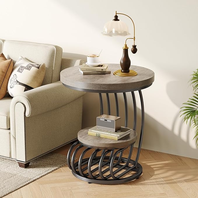 LITTLE TREE Round Side Table, Accent End Table with 2-Tier Shelf, Creative Curved Metal Frame, for Small Spaces, Grey + Black