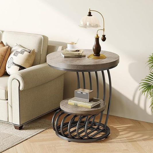 LITTLE TREE Round Side Table, Accent End Table with 2-Tier Shelf, Creative Curved Metal Frame, for Small Spaces, Grey + Black