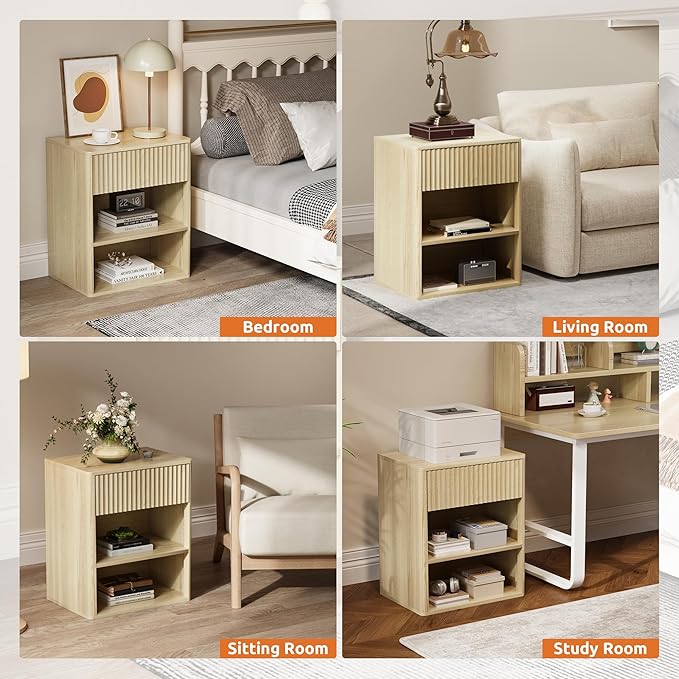 Nightstand Bedside Table Storage Drawer - Large Mid Century Modern Night Stand with Fluted Wood Drawer and Open Shelf Bed Side Table for Bedroom Study Room, Natural Oak, Set of 1