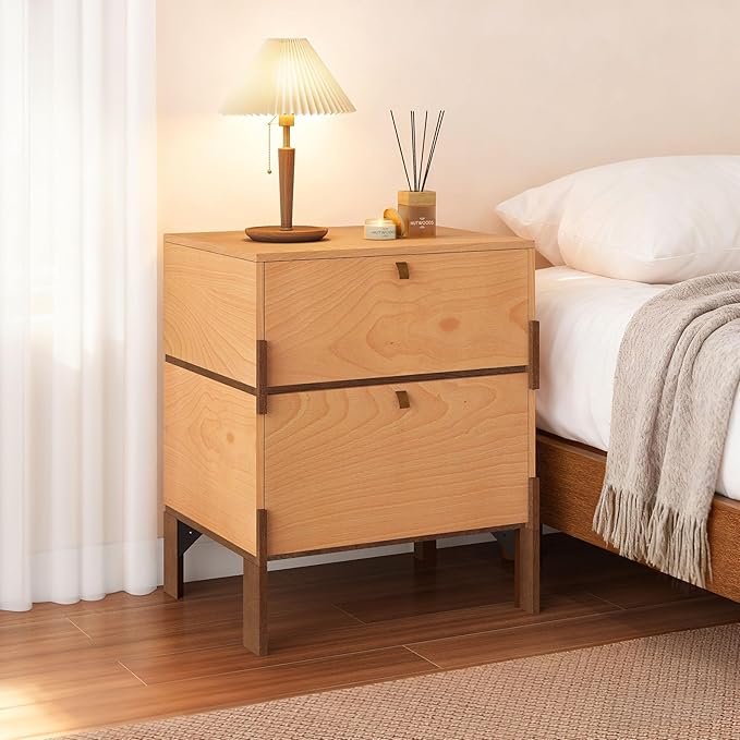23" Night Stand, Easy Assembly Bedside Table with 2 Storage Drawers, Mid-Century Style Wood End Table for Bedroom, Dormitory, Basswood Color (1 pcs)