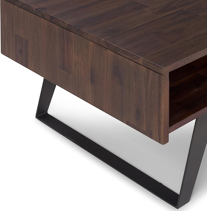 SIMPLIHOME Lowry Coffee Table - 48 inch Wide Solid Acacia Wood and Metal Living Room Table in Distressed Charcoal Brown, Modern Industrial Cocktail Table for Family Room with Drawers and Open Storage