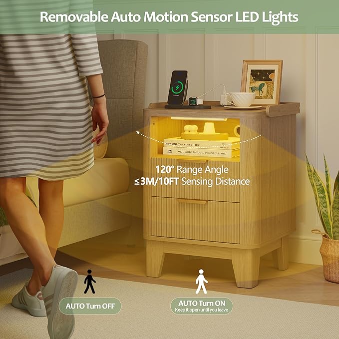 Night Stand with Charging Station, Fluted NightStand with LED Light and 2 Drawers, Wood Bedside Table with Open Storage, Modern