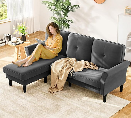 Kidirect 83" Sectional Couch, Velvet L-Shaped Couch 3 Seater Sectional Couches for Living Room, Comfy Fluffy Deep Seat Loveseat, Modular Sectional Sofa with Ottoman for Apartment Office, Grey Couch