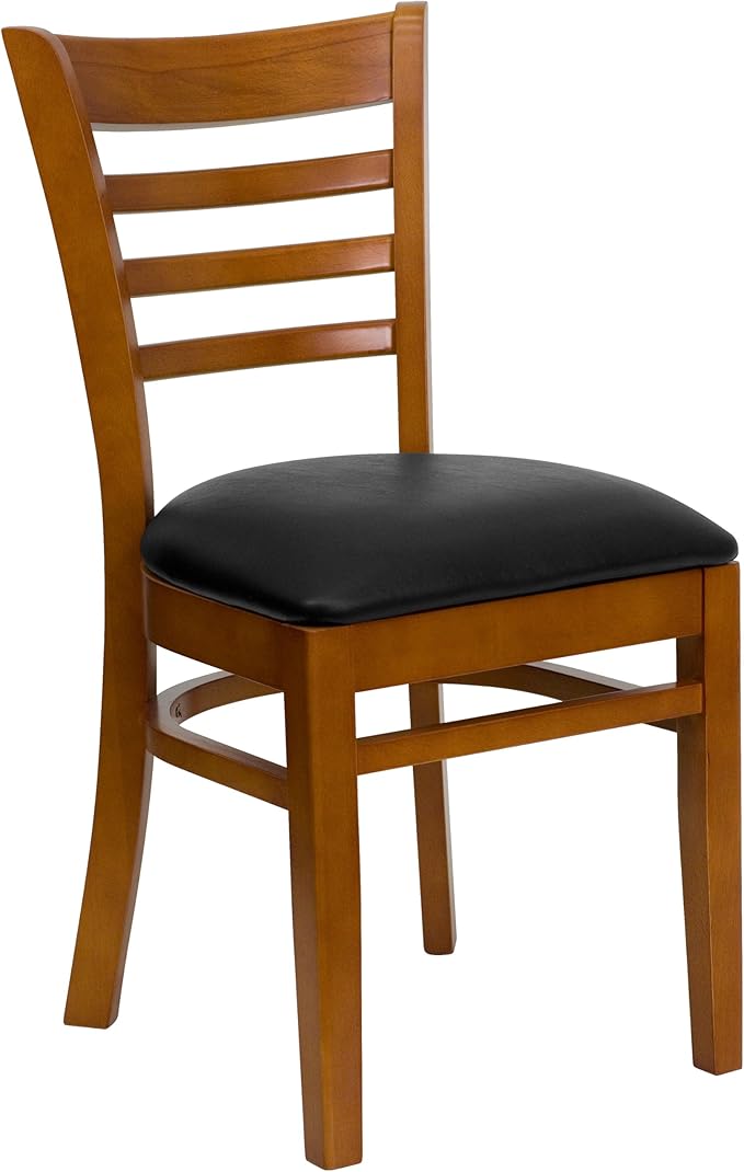 Flash Furniture HERCULES Series Ladder Back Cherry Wood Restaurant Chair - Black Vinyl Seat