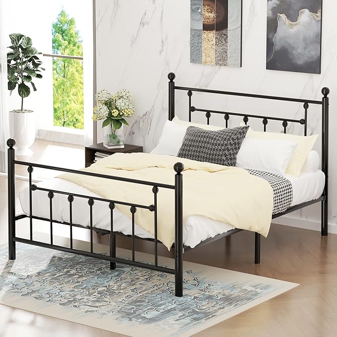 VECELO Queen Size Metal Platform Bed Frame with Headboard,No Box Spring Needed/Mattress Fundation/Victorian Vintage Style