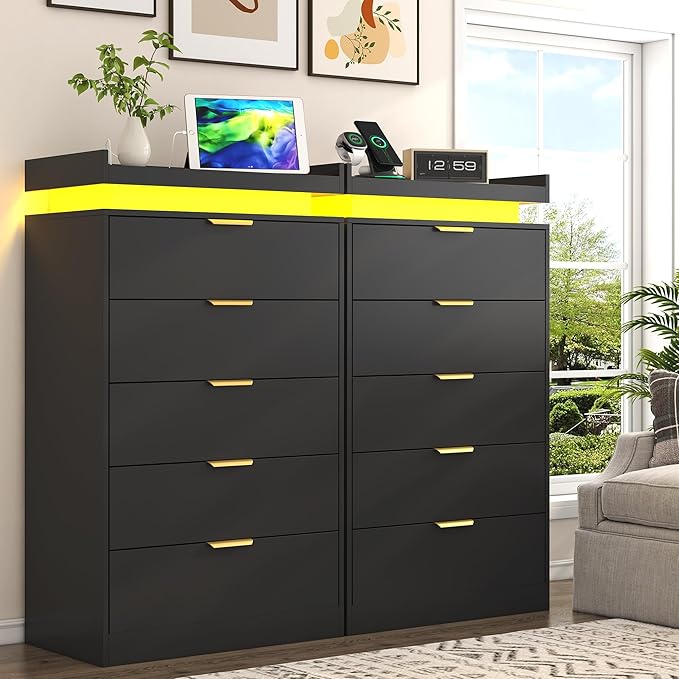 Tall Dresser for Bedroom, Black Dresser with LED Lights, Wood 5 Drawer Chest with Power Outlet, Modern Tall Chest of Drawers for Bedroom, Entryway, Hallway