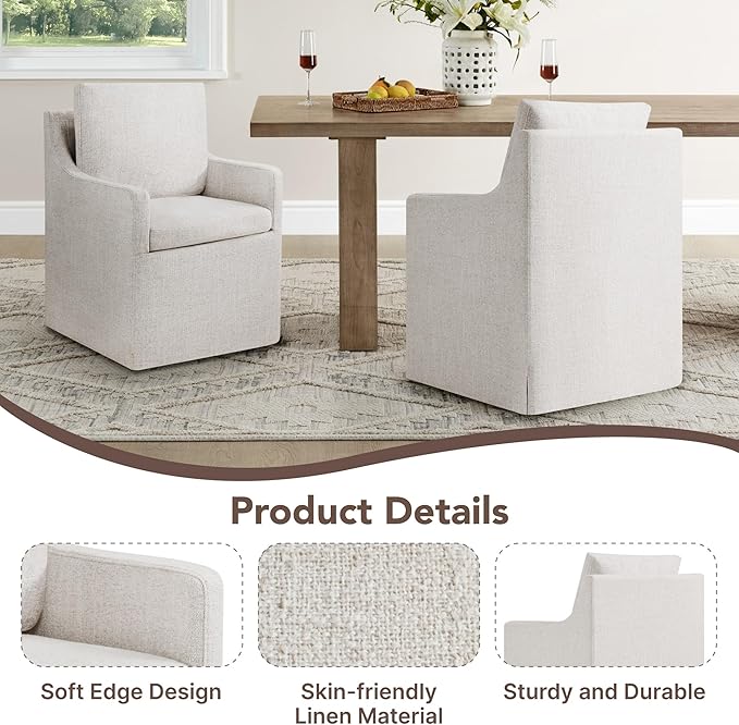 Upholstered Dining Chairs Set of 4, Modern Dining Room Chairs with Casters & Washable Cover, Rolling Accent Chair with Hidden Storage for Kitchen, Farmhouse, Living Room, Linen Fabric, 4 Box