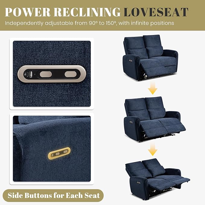 53.5" Zero Wall Hugger Power Reclining Loveseat Sofa with USB & Type-C Ports, Electric Recliner Loveseat with Lumbar Pillows, Small Space Wall Hugger Reclining Couch for Living Room & RV (Navy Blue)
