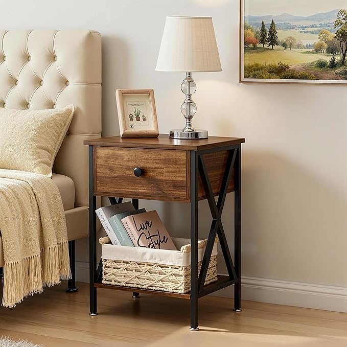 VECELO Night Stand with Drawer, 2 Tiers Storage Shelves End Table, Small Side Table for Small Spaces,Night Stand for Living Room, Bedroom,Brown